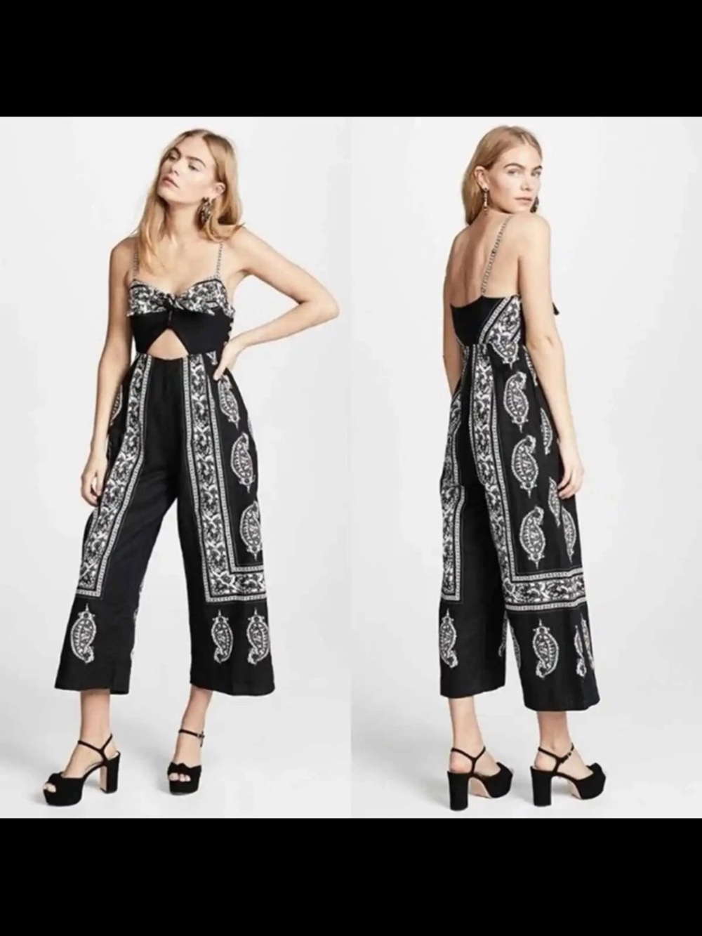 Free People Black Paisley Tie-Front Wide-Leg Jumpsuit - Picture 3 of 4